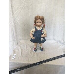 Vintage Donna Rubert "I Love  Cats" Porcelan Doll in Denim Dress w/ Braided Hair